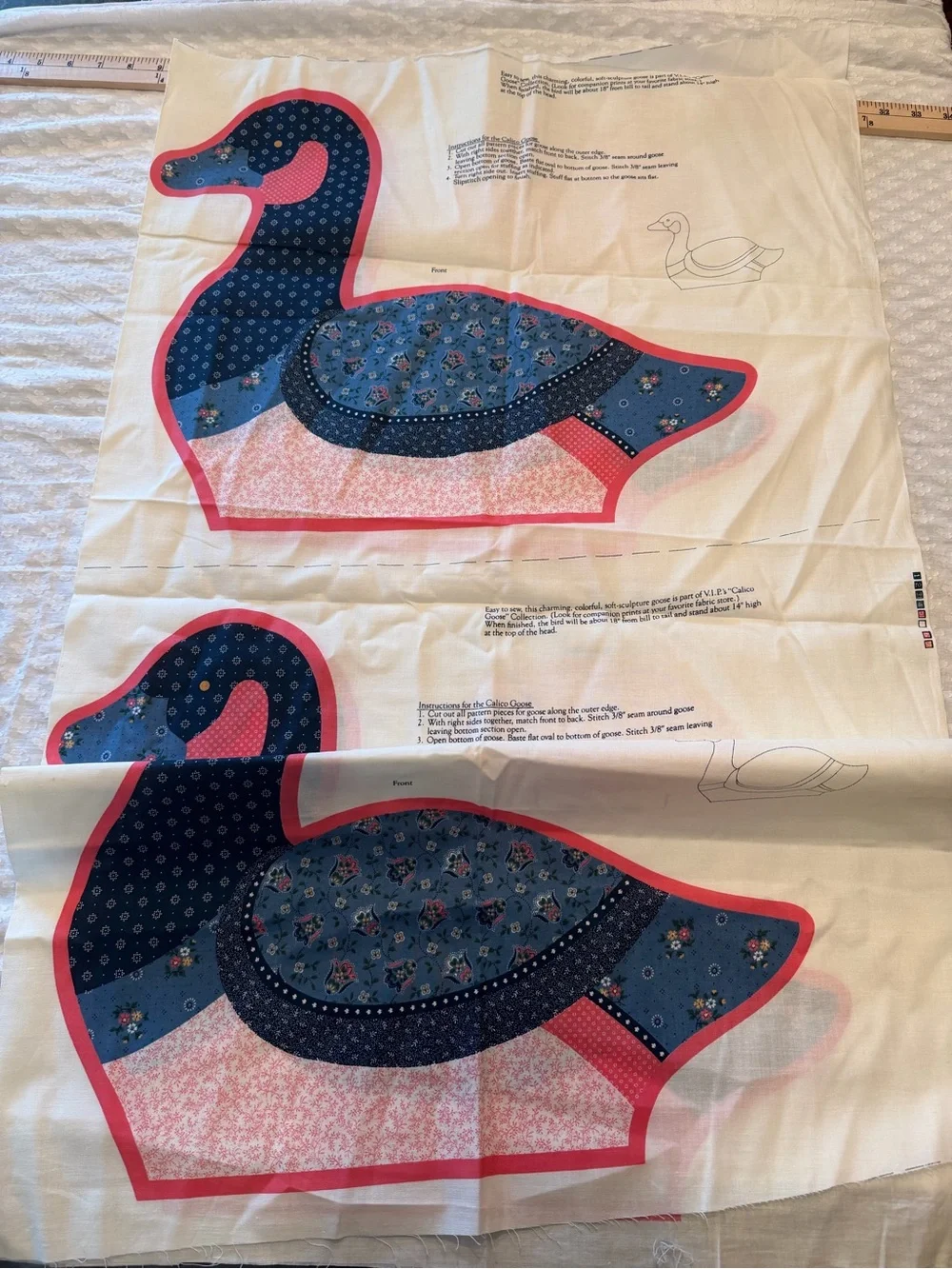 Quilted Duck Pillow Panels - Blue and Pink Fabric Set The Calico Goose Cottage